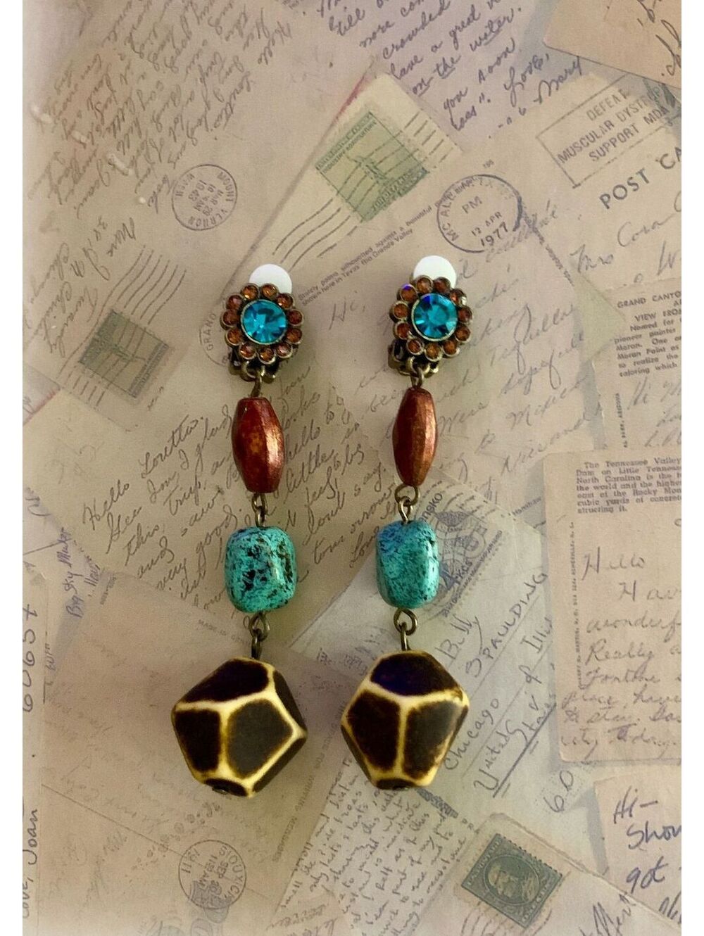 Vintage Colorful Boho Chic Dangle Earrings with Turquoise & Amber Beads